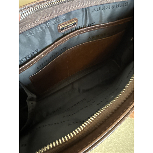 Burberry Logo Plate Saffiano Clutch Wristlet Bag Brown